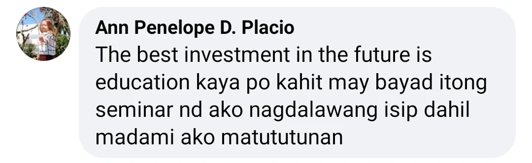 Facebook comment from Ann Penelope D. Placio after a Coach Chinkee seminar