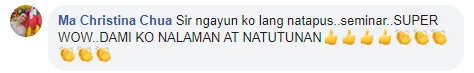 Facebook comment from Ma Christina Chua after a Coach Chinkee seminar