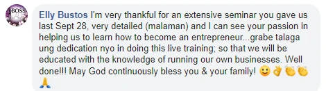 Facebook comment from Elly Bustos after a Coach Chinkee seminar