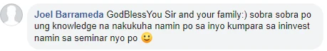 Facebook comment from Joel Barrameda after a Coach Chinkee seminar