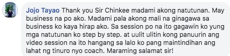 Facebook comment from Jojo Tayao after a Coach Chinkee seminar