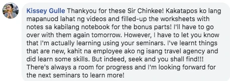 Facebook comment from Kissey Gulle after a Coach Chinkee seminar