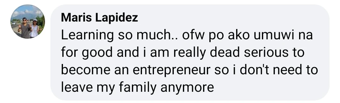 Facebook comment from Maris Lapidez after a Coach Chinkee seminar