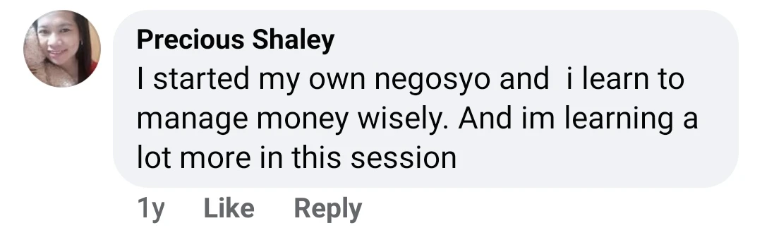 Facebook comment from Precious Shaley after a Coach Chinkee seminar