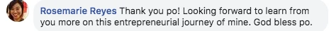 Facebook comment from Rosemarie Reyes after a Coach Chinkee seminar